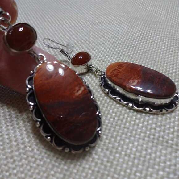 Natural RED RAINBOW JASPER & CARNELIAN Handmade Sterling 925 Earrings #551C - Picture 3 of 3